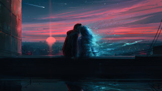 Couple night water city aurora - global free wallpaper