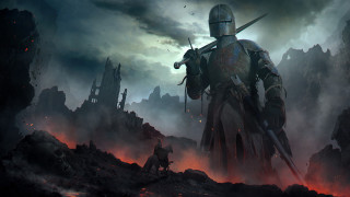Knight dog rocky outdoor fantasy - his hand and a dog free wallpaper