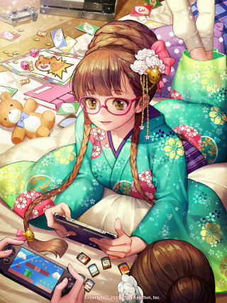 Girl kimono playing game watching - her phone free wallpaper