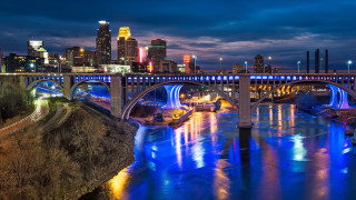 City skyline bridge night reflections 3 - neofauvism free wallpaper