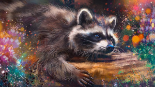 Raccoon resting log flowers blue - digital painting free wallpaper