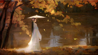 Woman white dress umbrella lake - a white dress holding free wallpaper