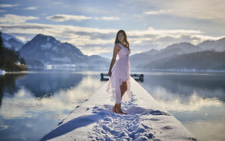 Pink dress lake mountains ship - a pier free wallpaper
