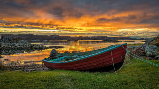 Lake sunset boat rock clouds - cloudy free wallpaper