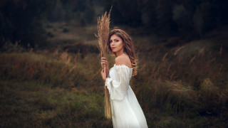Woman white dress wheat field 2 - impressionist free wallpaper