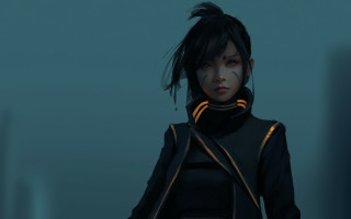 Woman black outfit cyberpunk blue - feng zhu free wallpaper