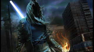 Man hooded jacket sword city - jacket holding free wallpaper