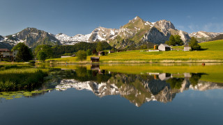 Mountain lake house landscape fantasy - a mountain range in the background free wallpaper