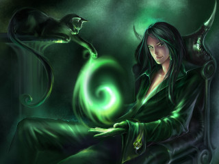 Woman chair cat green swirl - a black cat free wallpaper