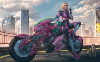 Futuristic woman pinkmotorcycle cat cyberpunk - the ground in front free wallpaper