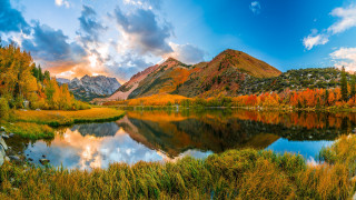Mountain lake forest autumn sky - tree and grass free wallpaper
