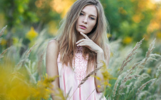Pink dress field blurry bokeh - her chin free wallpaper