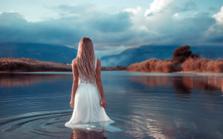 Woman white dress lake mountains - alena aenami free wallpaper