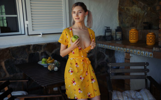 Woman yellow dress apple floral - a bowl of fruit free wallpaper