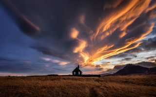 Church field clouds mountain sunset - a mountain in the background free wallpaper for desktop