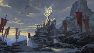 Woman dragon cliff fantasy scene - a rocky cliff free wallpaper