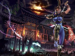 Woman blue outfit sword building - dai jin free wallpaper