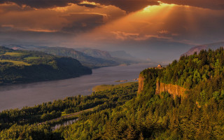 River mountain castle sunset landscape - scenic free wallpaper
