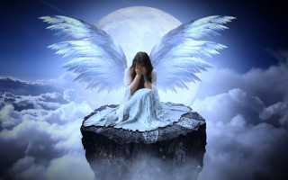 Woman angel wings moon clouds - a matte painting free wallpaper