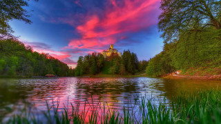 Sunset lake mystical church ferenc - a church in the background free wallpaper