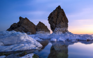 Polarized lake snow rocks sunset - rock free wallpaper