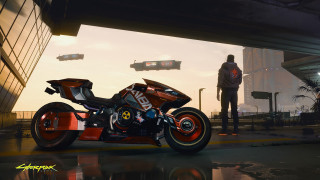 Futuristic cyberpunk motorcycle man outdoors - a futuristic setting free wallpaper
