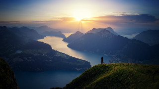 Awe mountain lake sunset hill - a lake and mountains free wallpaper