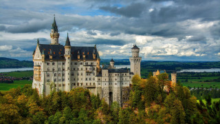 Castle tower clock forest lake - a tower and a clock free wallpaper