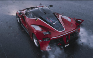 Red sports car rain smoke - a street in the rain free wallpaper