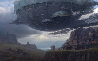 Futuristic city giant flying object 2 - cedric peyravernay free wallpaper