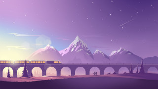 Train bridge mountains night starry - anton fadeev free wallpaper