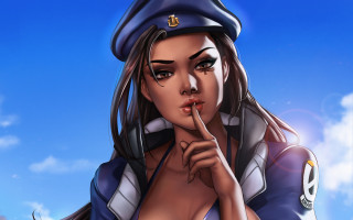 Policewoman shushing bluecoat braids beach - a finger free wallpaper