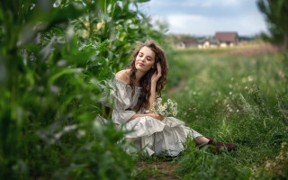 Woman field flower dress bush - impressionist free wallpaper