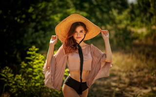 Woman bikini hat forest fashion 2 - art nouveau free wallpaper