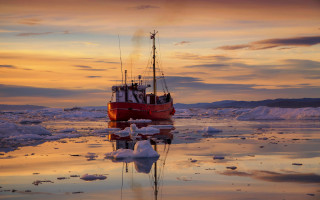 Boat ice water sunset clouds - ice free wallpaper