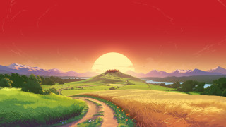 Sunset field road hill house - a hill in the distance free wallpaper