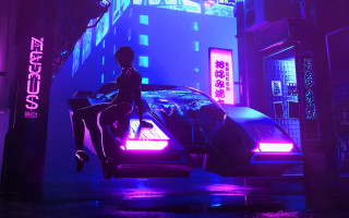 Woman sitting car futuristic city - top of a car free wallpaper