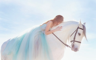 Woman blue dress white horse - a white horse free wallpaper