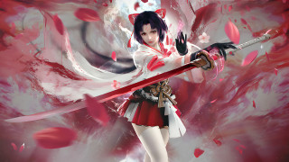 Woman sword kimono cherryblossoms falling - petal and petals free wallpaper