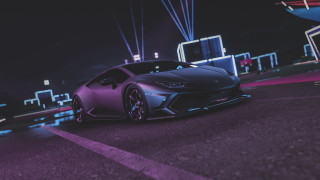 Purple sports car neon city - synthwave style free wallpaper