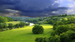 Green field river cloudy sky - cloudy free wallpaper