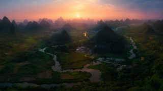 Sunset valley mountains river trees 2 - the background and a river free wallpaper