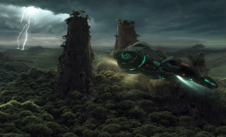 Futuristic spaceship forest stormy sky - lightning free wallpaper