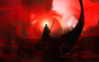 Man dark forest red light - art greg rutkowski free wallpaper