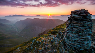 Sunset mountain rocktower river valley - land art free wallpaper