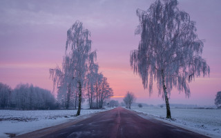 Snowy road pink sky mountain - sunset free wallpaper