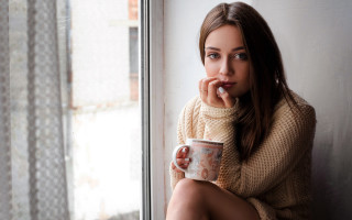 Woman coffee sitting window sill - eszter mattioni free wallpaper