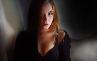 Woman blonde blue eyes curtain - a curtain behind her free wallpaper