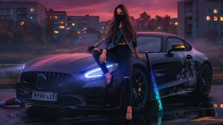 Woman car rain night city - alena aenami free wallpaper