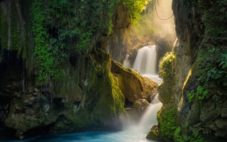 Waterfall forest blue pool lush - a blue pool of water free wallpaper